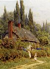 Children On A Path Outside A Thatched Cottage, West Horsley, Surrey by Helen Mary Elizabeth Allingham